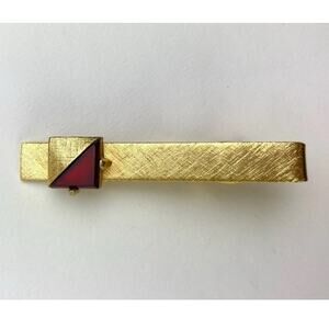 Vintage Dante Gold Tone Tie Bar Clip Texture Sleek Brushed Simple Red Ruby Color